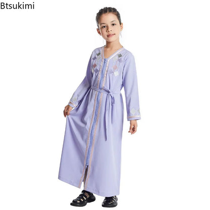 Moroccan Eid Muslim Kids Abaya Girls Embroidery Zipper Long Sleeve Maxi Dress Arabic Kaftan Robes Islamic Party Prayer Clothing