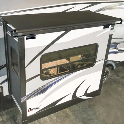 Black modular slide topper awnin out awning kit protection for RVs, travel trailers, 5th wheels, and motorhomes