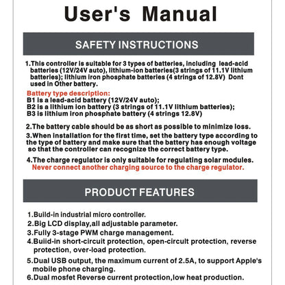 30A Solar Charge and Discharge Controller LCD Display Dual USB Automatic Solar Panel Charger Regulator 12V-24V Voltage Regulator