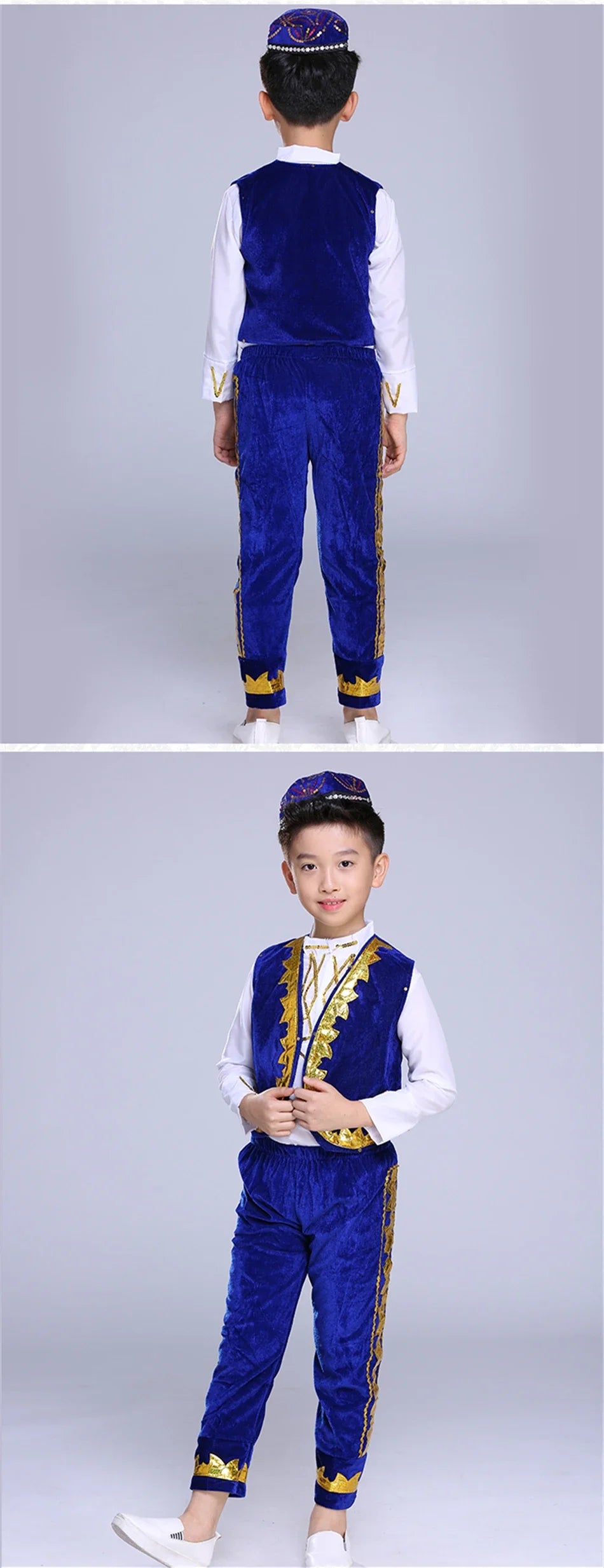 Traditional Muslim Clothing for Islamic Boy Arabic Jubba Thobe Arab Performance Saudi Arabia Dance Wear Top Pant Hat Set