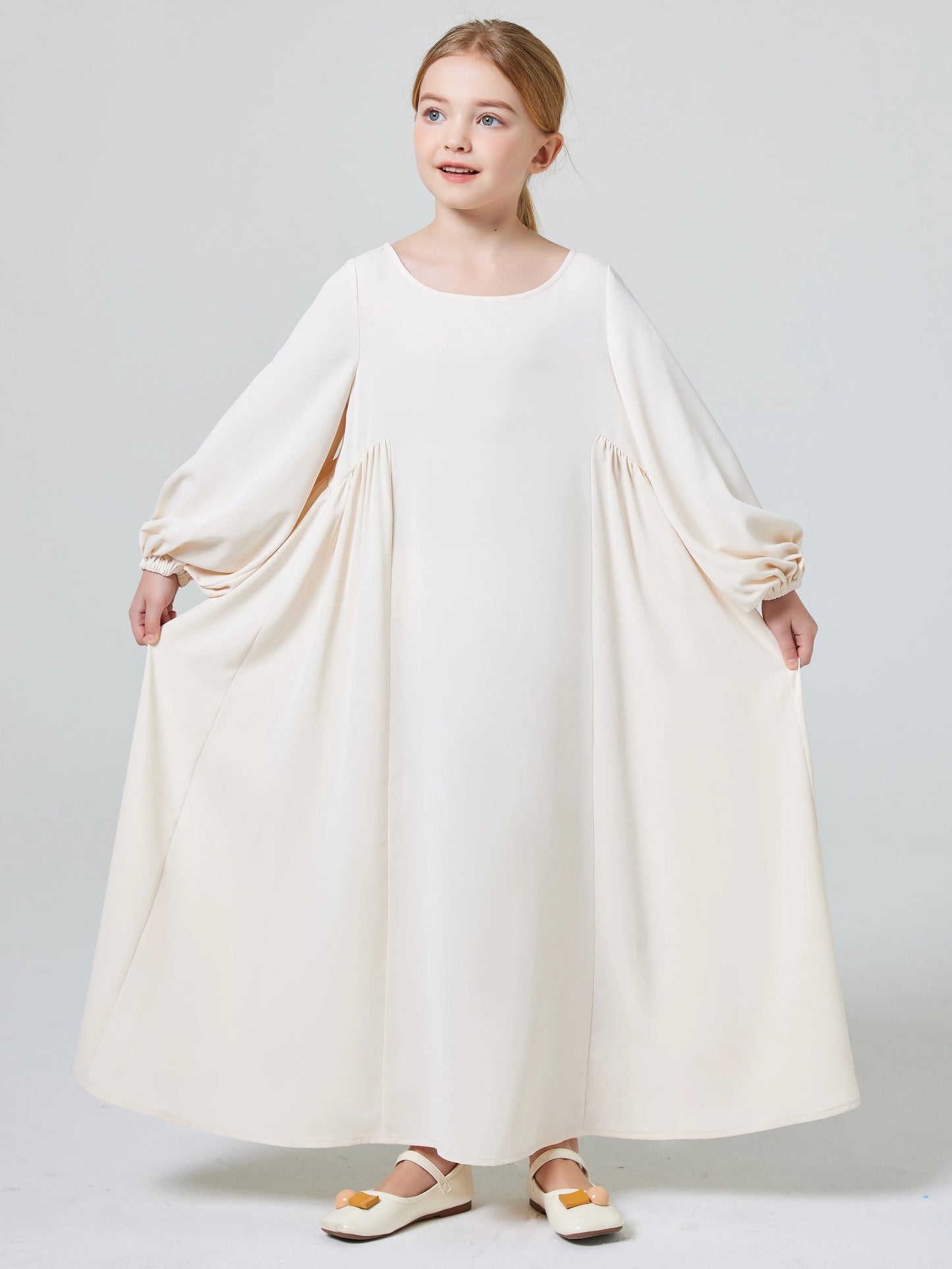 Ramadan Girl Abaya Muslim Elegant Solid Crew Neck Long Sleeve Kaftan Kids Dress For Pray Party