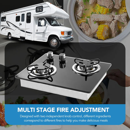 RV Gas Stove 2 Burners 1.8Kw Power Tempered Glass Panel Easy to Clean Gas Cook Top for RV Boat Caravan Camper