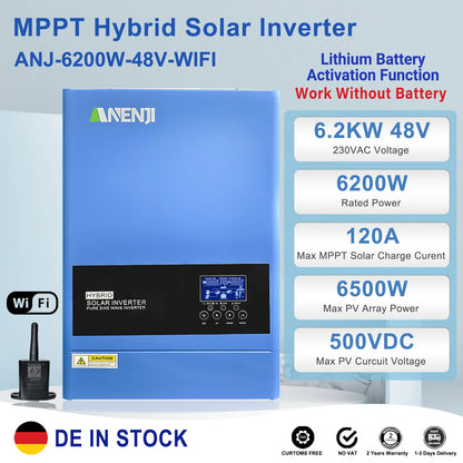 6.2KW 4KW 48V 24V Hybrid Solar Inverter MPPT Pure Sine Wave On/Off Grid Inversor 230V Built-in 120A 100A Solar Charger PV 500V