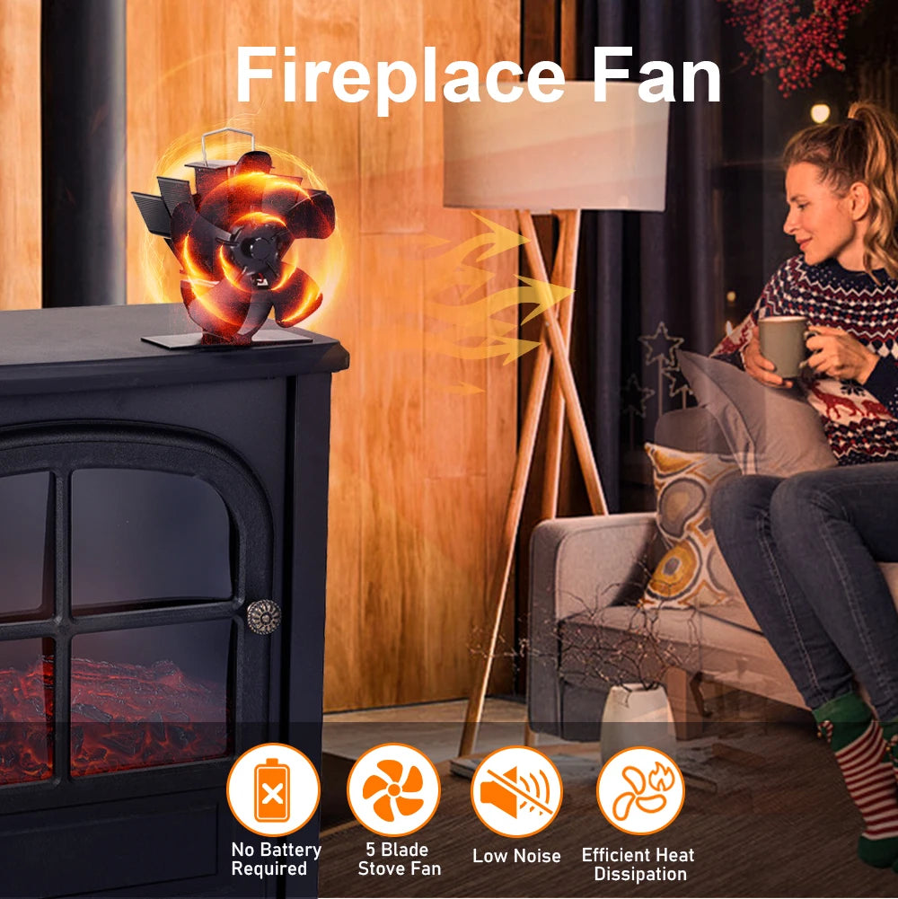 Mini Stove Fan Heat Powered Fireplace Fan Log Wood Burner Eco-fan Quiet 5 Blade Fireplace Fan Home Winter Warm Heat Distribution