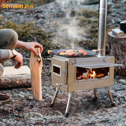 Large Portable Fire Wood Stove with Window Pipe, Tent Heater, Cot Camping, Ice-fishing Cooking, Outdoor BBQ