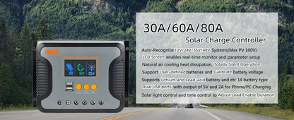 30A 60A 80A PWM Solar Charger Controller 12V 24V 36V 48V Auto Max PV 100Vdc with Dual USB Port Backlight LCD Display Regulator