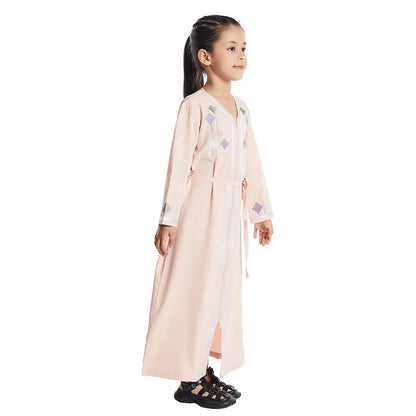 Moroccan Eid Muslim Kids Abaya Girls Embroidery Zipper Long Sleeve Maxi Dress Arabic Kaftan Robes Islamic Party Prayer Clothing