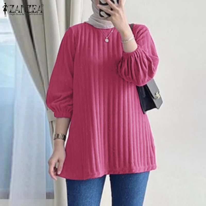 ZANZEA Women Muslim Hijab 3/4 Sleeve Ribbed Blouses Fall 2024 Tops Elegant Daily Shirt Casual Loose T-shirts Islamic Clothing