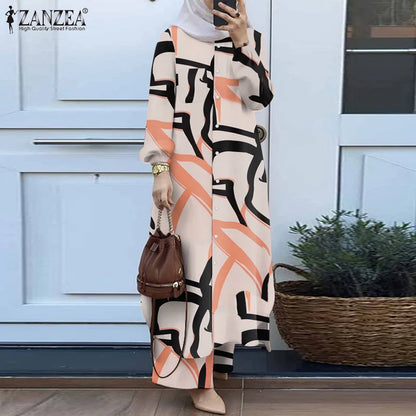 ZANZEA Fashion Matching Sets Muslim Suit Long Sleeve Blouse Wide Leg Pants 2PCS Woman Vintage Floral Printed Tracksuits