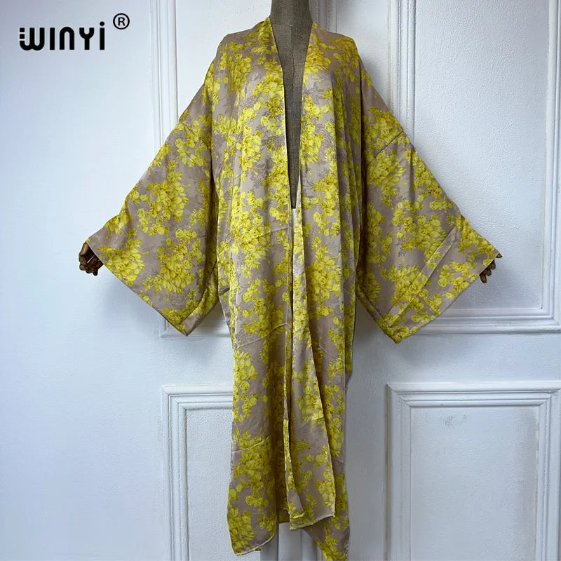 WINYI 2024 High-quality Double-sided Print Silk feel Dress Beach Wear Boho Cardigan abaya women muslim dress Long Sleeve Kimono