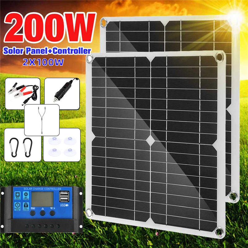 200W 12V Solar Panel Kit With 60A Controller USB  Portable Solar Power Charger for Bank Battery Camping Car Boat RV Solar Plate