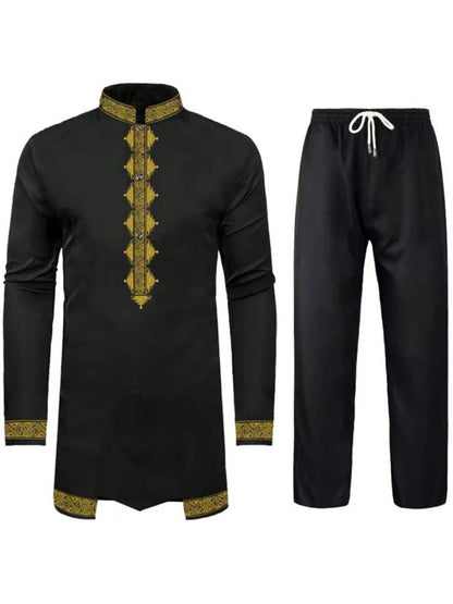 Muslim Robe Navy Blue Long-Sleeved Trousers The Traditional Dress of Arab Men 3D Pattern Printing Black White Yellow