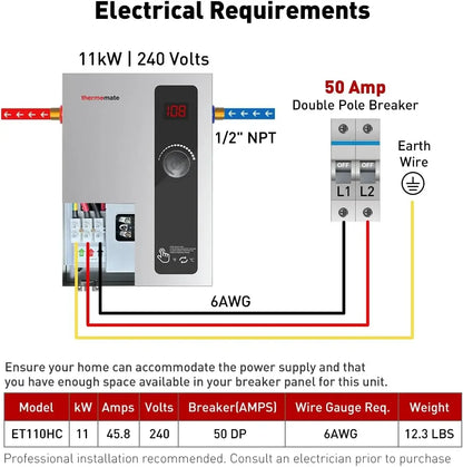 Tankless Water Heater Electric, 11kW at 240 Volt, On Demand Instant Hot Water Heater for Point of Use, Self-Modulatin