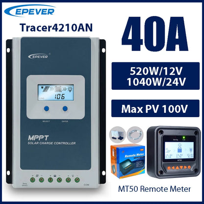 40A MPPT Solar Charge Controller 12V/24V Battery Voltage Max Solar Panel 100V EPEVER Regulator With MT50 Data Monitor