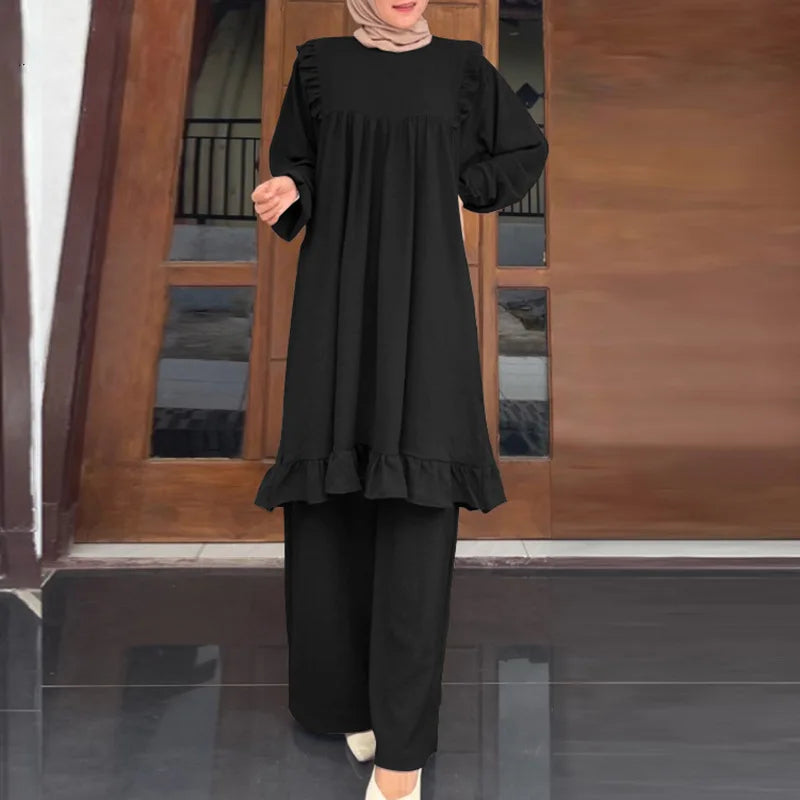 Ramadan Eid Muslim Two Piece Set Shirt &Pants Women Suits Shirt Blouse Musulman Ensembles Moroccan Kaftan 2025 Dress Sets