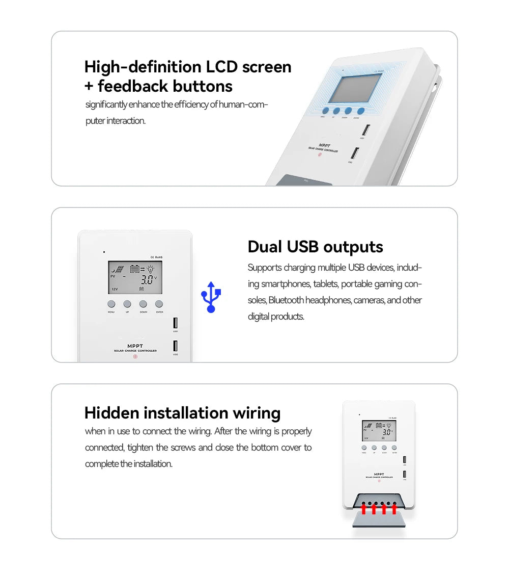 30A 40A 60A MPPT Solar Charge Controller 12V 24V 48V PV Solar Panel Acid/Lithium Battery Regulator Dual USB Port