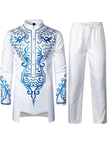 Muslim Robe Navy Blue Long-Sleeved Trousers The Traditional Dress of Arab Men 3D Pattern Printing Black White Yellow