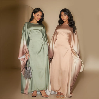 Gradient Batwing Butterfly Sleeve Satin Abaya Dubai Luxury Muslim Kaftan Dress For Women Kebaya Caftan Marocain Femme Vestidos