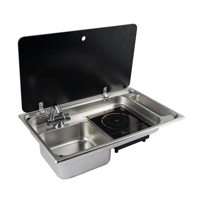 RV Stainless Steel Stove Sink And Induction Cooker Combination Unit With Tempered Glass Lid For Caravan Motorhome Yacht