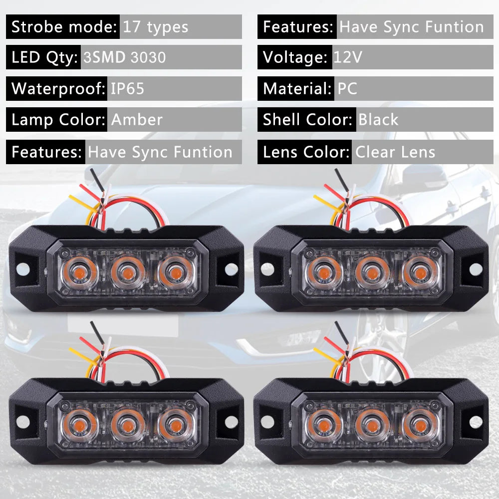 1PCS 3LED Strobe Warning Grille Flashing Lights Emergency Universal Trailer Truck Police Strobos Car Security Signal Lamp 12-24V