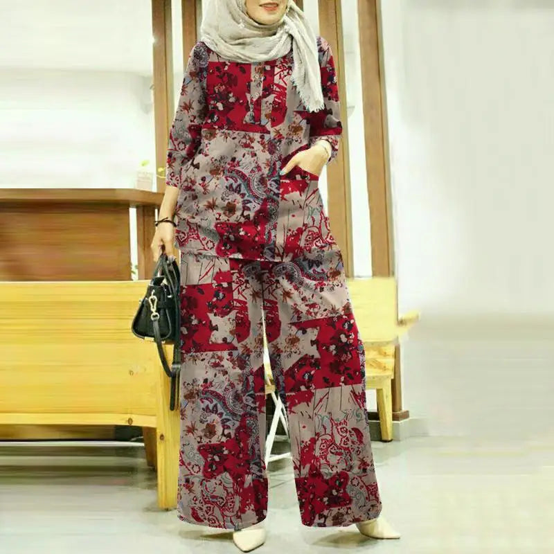 Women Autumn Matching Sets ZANZEA Bohemain Printed Blouse Wide Leg Pant Sets Woman Muslim Suit Fashion 2pcs Floral Tracksuits