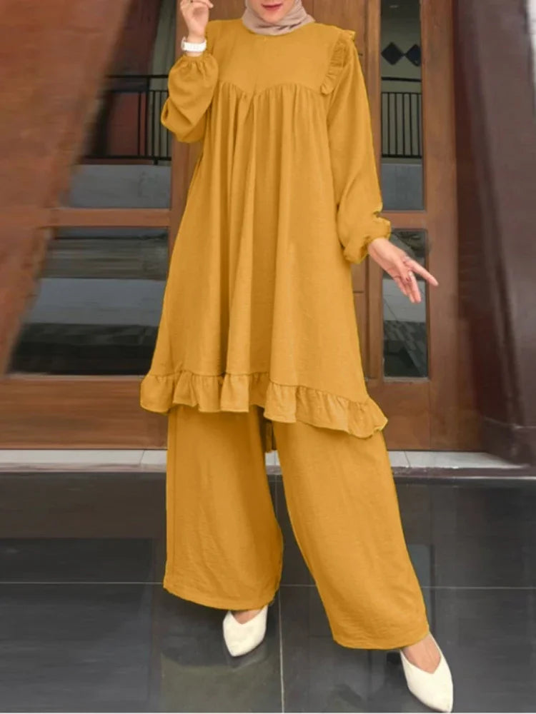 Ramadan Eid Muslim Two Piece Set Shirt &Pants Women Suits Shirt Blouse Musulman Ensembles Moroccan Kaftan 2025 Dress Sets