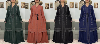 Muslim Open Abayas For Women Dubai Chiffon Set Auger V-neck Fashion Design Boubou Loose Femme Robe Party Dresses With Headscarf