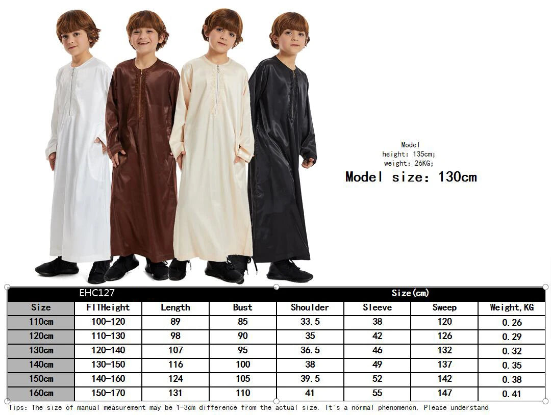 Muslim Boy Robe Long Sleeve Dress Gown Saudi Arabia Abaya Kaftan Jubba Thobe Islamic Kids Clothes Ramadan Eid Djellaba Dishdasha