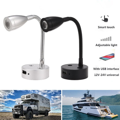 1x RV LED Reading Light DC12V 24V Smart Touch Dimmable Flexible Gooseneck Wall Lamp For Motorhome Yacht Cabin with USB port