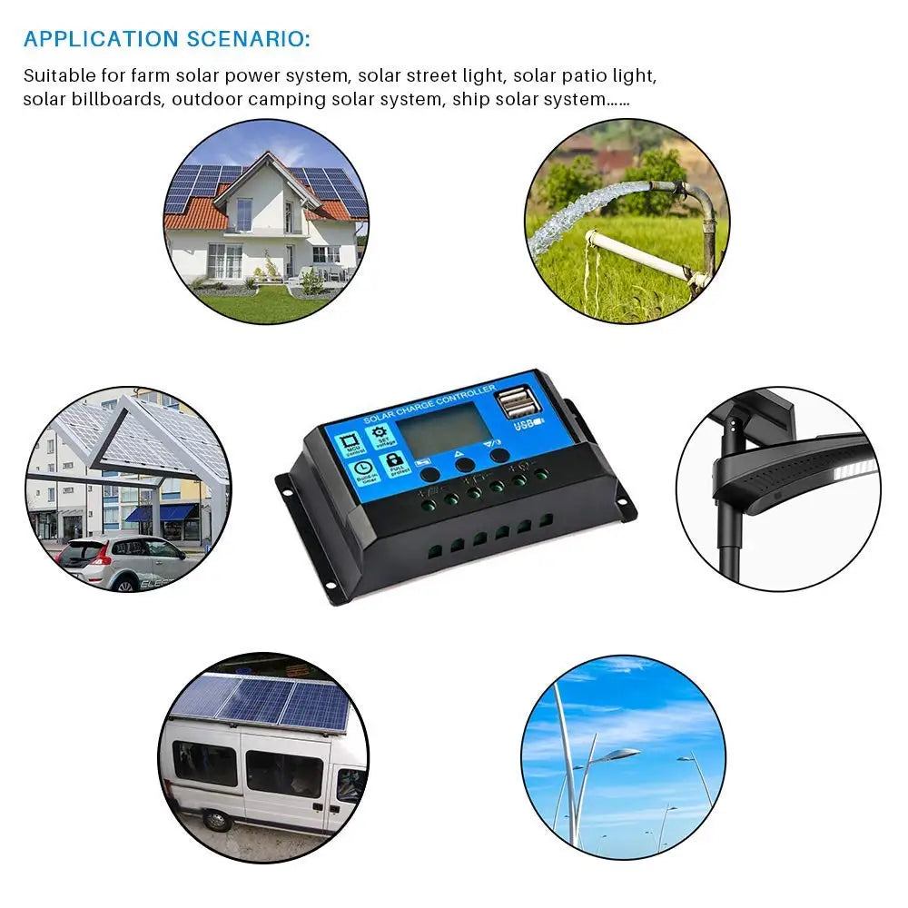 Solar Panel Charge Controller 12V 24V PWM MPPT 10A 20A 30A  Automotive Battery Charger Regulator  USB Output 5V Max PV 50V DC