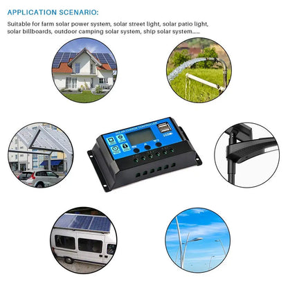 Solar Panel Charge Controller 12V 24V PWM MPPT 10A 20A 30A  Automotive Battery Charger Regulator  USB Output 5V Max PV 50V DC