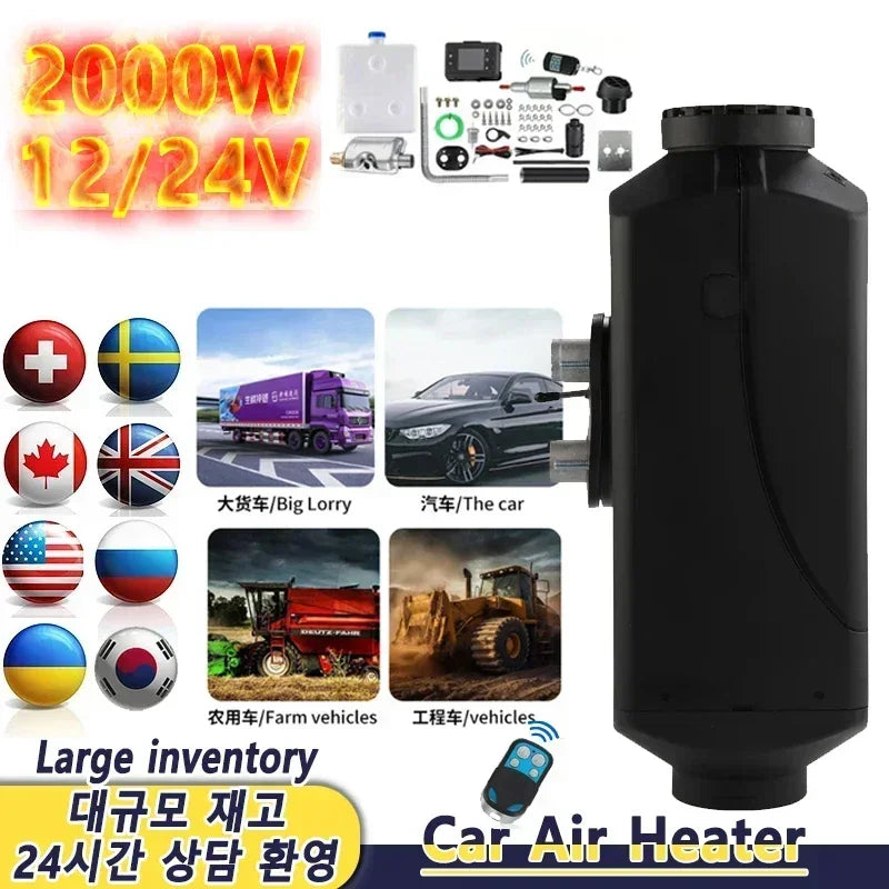 12V/24V 2KW Air Diesel Heater 2KW Diesel Parking Heater LCD Switch Diesel Heater Muffler for RV Motorhome Trailer Trucks Boats