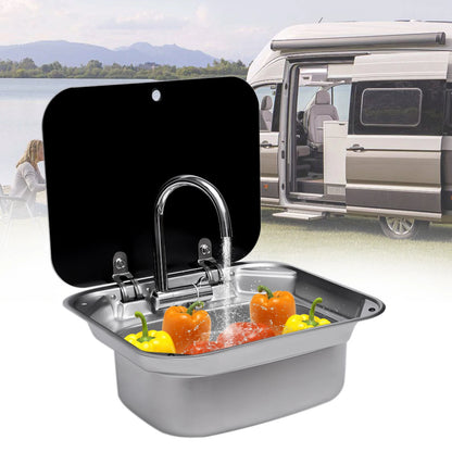 Steel Hand Wash Basin Sink with tap with Folded Faucet Tempered Glass Lid van Camper Trailer Accessories for RV Caravan or Boat