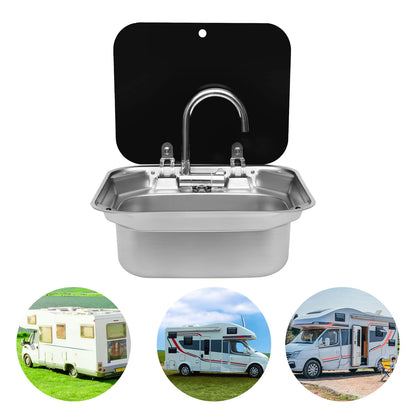 Steel Hand Wash Basin Sink with tap with Folded Faucet Tempered Glass Lid van Camper Trailer Accessories for RV Caravan or Boat