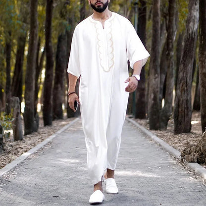 New 2025 Muslim Men Abaya Arabic Islamic Clothing Loose Shirt Robe Jubba Thobe Ethnic Print Saudi Arab Middle East Male Vestidos