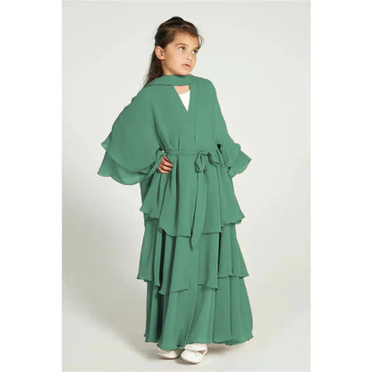 Chiffon Muslim Abaya Kids Open Abaya Girls Islamic Dresses Prayer Clothing for Children Long Robe Ramadan 2025 Clothes