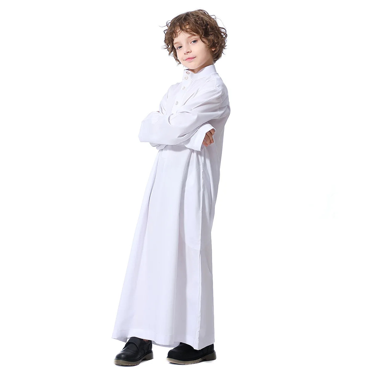 Boys Islamic Clothing Kids Muslim Jubba Thobe Solid Long Sleeve Stand Collar Kaftan Robes Arab Dubai Children Casual Abaya Dress