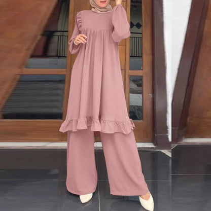 Ramadan Eid Muslim Two Piece Set Shirt &Pants Women Suits Shirt Blouse Musulman Ensembles Moroccan Kaftan 2025 Dress Sets