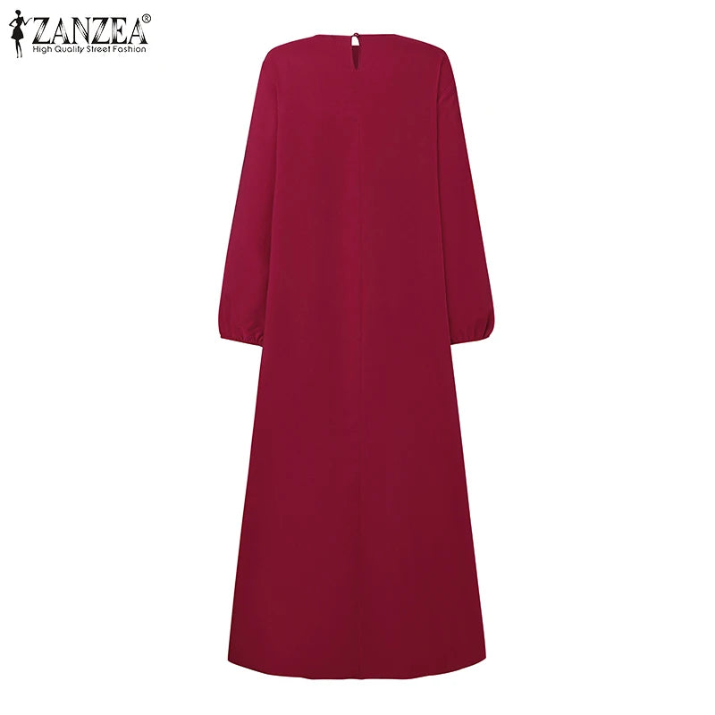 ZANZEA Vintage Autumn Long Sleeve Abaya Hijab Sundress Casual Islamic Clothing Marocain Eid Mubarek Dresses Women Muslim Dress