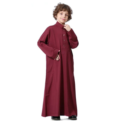 Solid Stand Collar Boys Kids Islamic Muslim Juba Kaftan Robe Arabian Dubai Qatar Children Long Dress Singel-Breasted Abaya Robe