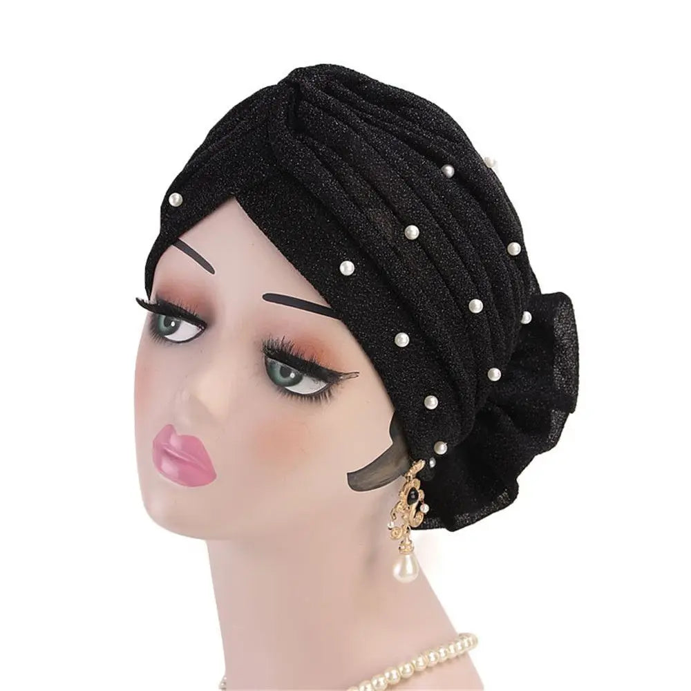 Women Cancer Chemo Cap Big Flower Shiny Silk Muslim Hat Hair Loss Head Scarf Pearls Elastic Turban Head Wrap Cover