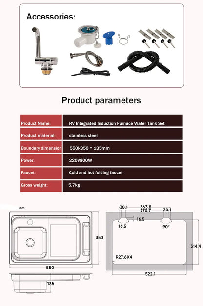 RV Stainless Steel Stove Sink And Induction Cooker Combination Unit With Tempered Glass Lid For Caravan Motorhome Yacht