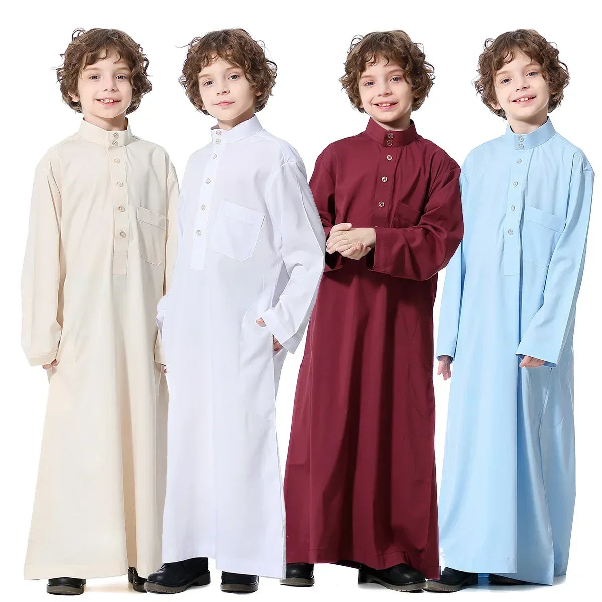 Solid Stand Collar Boys Kids Islamic Muslim Juba Kaftan Robe Arabian Dubai Qatar Children Long Dress Singel-Breasted Abaya Robe