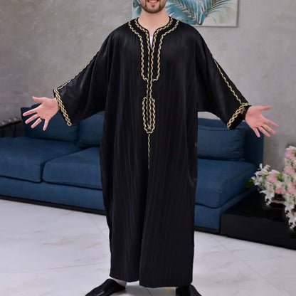 2024 Islam Men Clothing Kaftan Muslim Fashion Robe Embroidered Loose and Breathable V-neck Mid-sleeve Robe Man Muslim Dress Eid