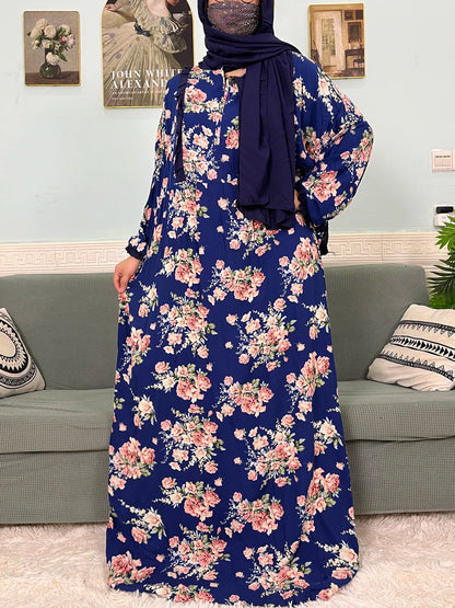 Muslim Traditional Ramadan Abayas For Women's Prayer Garment Cotton Printed Floral Boubou Loose Femme Robe Connected Headscarf