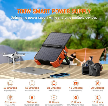 Portable Power Station with Built-in Solar Panel 600W Solar Generator with AC/DC/USB/PD Outputs for Outdoor Camping