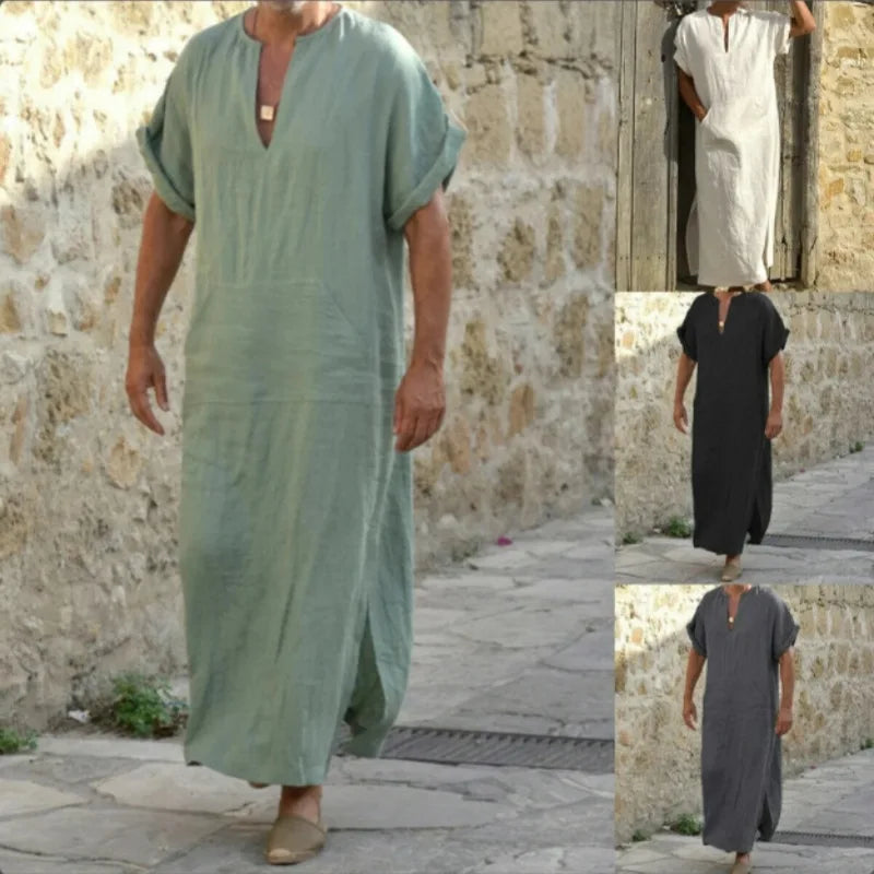 Ew Spring and Summer Models Men Muslim Style Mens Robe Simple Solid All-match Small V-neck Linen Comfortable Short Sleeve Robe