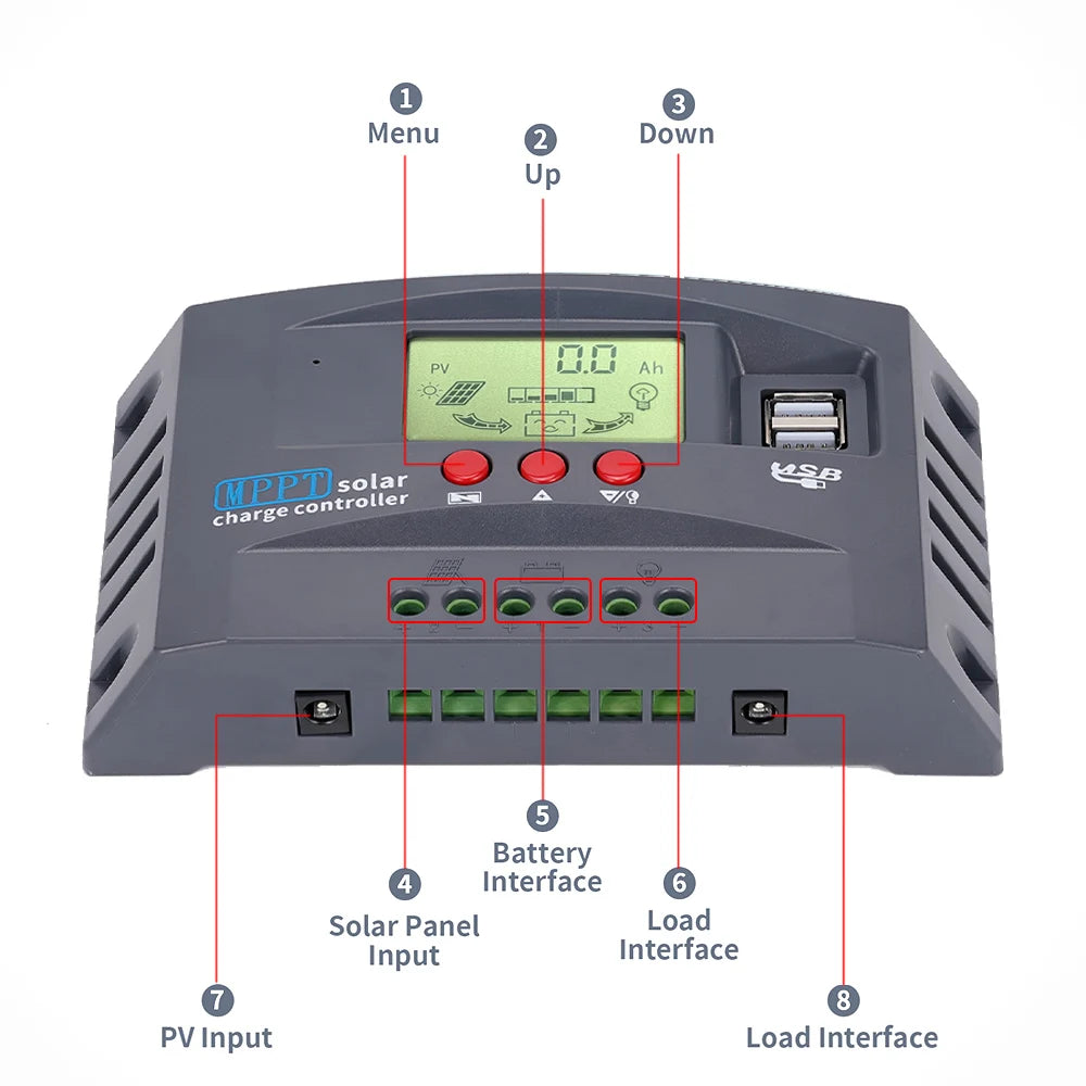 12V/24V MPPT Solar Charge Controller 50VDC Regulator Colorful Screen For Lifepo4 GEL Lithium Lead Acid Battery 20A/30/50/60/100A