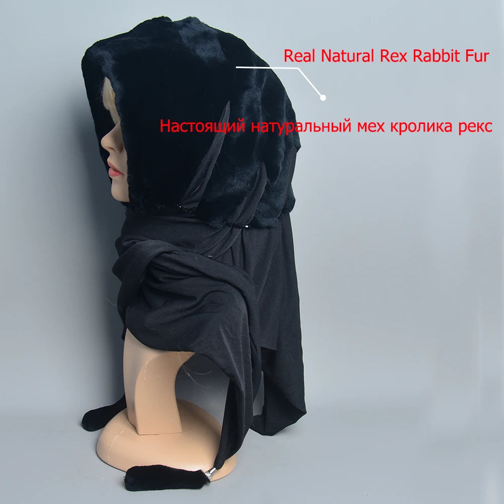 Luxury Lady Real Rex Rabbit Fur Hijab Scarf Muslim Shawl Plain Stretchy Soft Turban Head Wrap For Women Islamic Headscarf Scarve