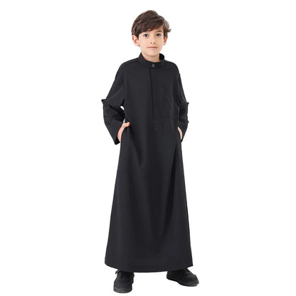 Ramadan Eid Muslim Solid Color Robe Islamic Arab Children Long Sleeve Dress Jubba Thobe Abaya Dubai Boys Clothing Turkey 2025